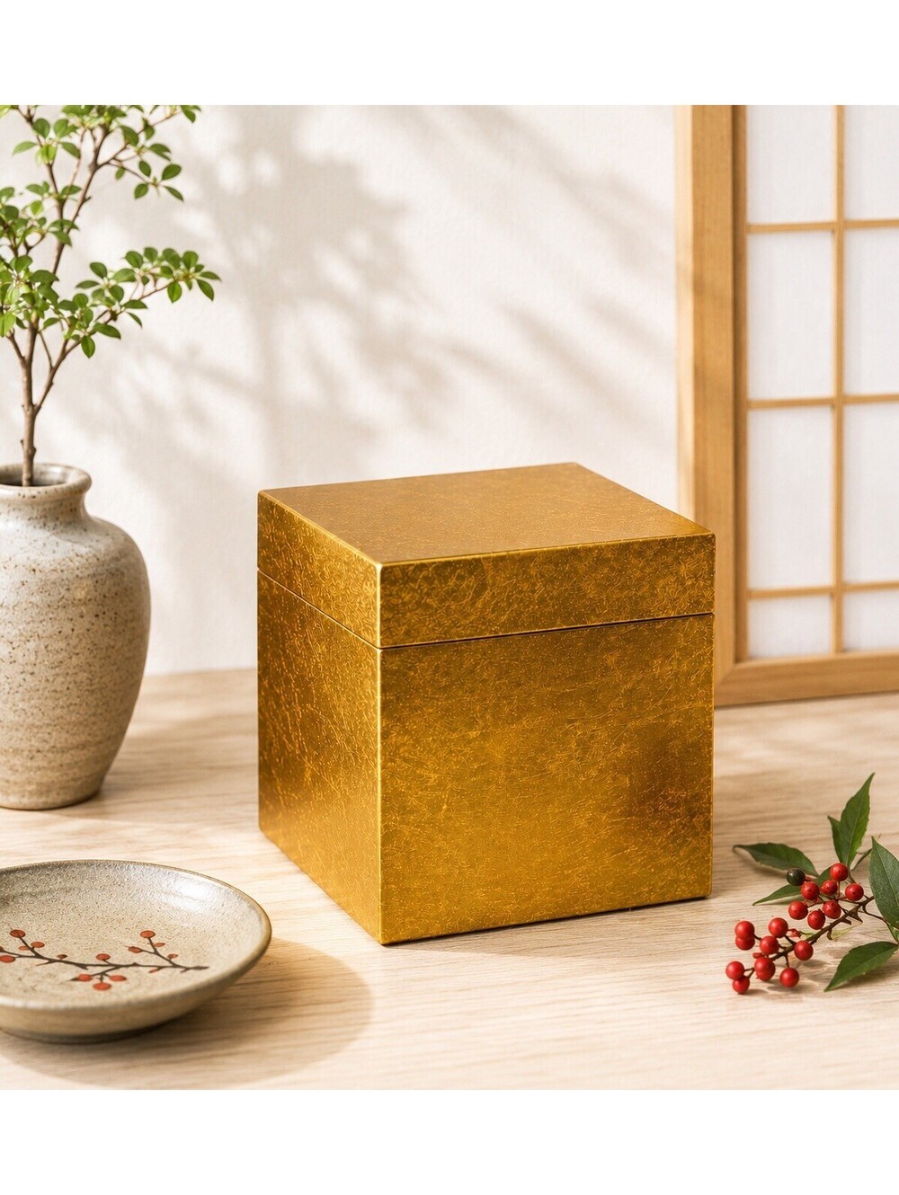 Japanese Vintage 1980s Gold Leaf Black Lacquer Lidded Box, 6x6”